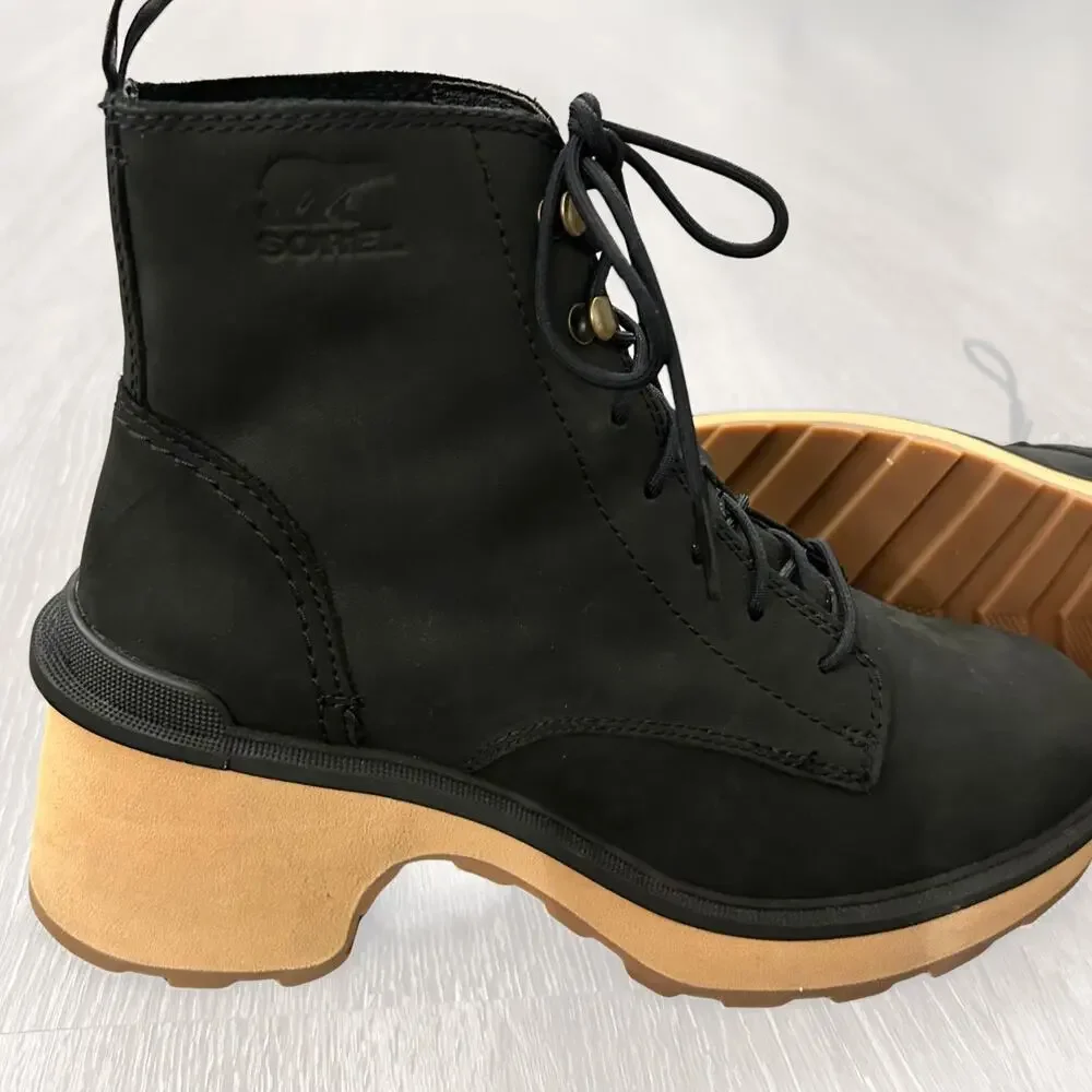 Sorel Hi-Line Heel Lace Boot Black Leather Lug Sole Block Heel Size 7.5 New NWOB